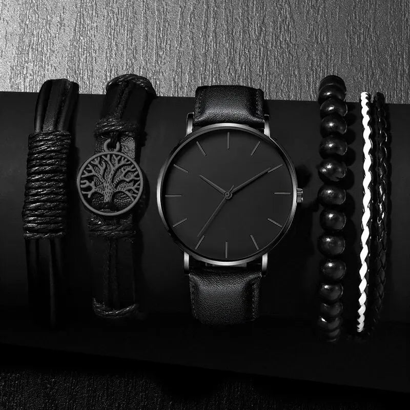 Elegant Quartz Leather Watch Set